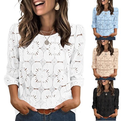 春夏休闲镂空蕾丝七分袖圆领上衣