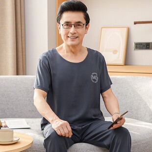 新款棉绸睡衣男士夏季父亲短袖纯棉家居服中年爸爸中老年套装大码