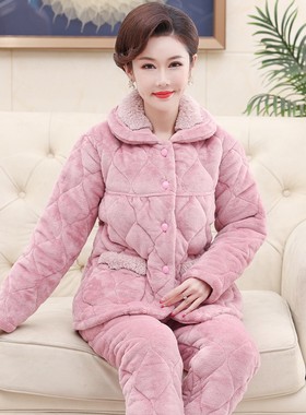 新款女士睡衣冬季三层加厚珊瑚绒夹棉中年妈妈加绒法兰绒保暖套装