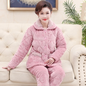 新款女士睡衣冬季三层加厚珊瑚绒夹棉中年妈妈加绒法兰绒保暖套装