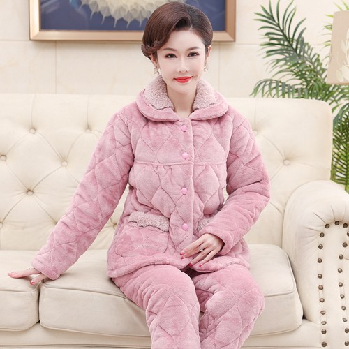 新款女士睡衣冬季三层加厚珊瑚绒夹棉中年妈妈加绒法兰绒保暖套装