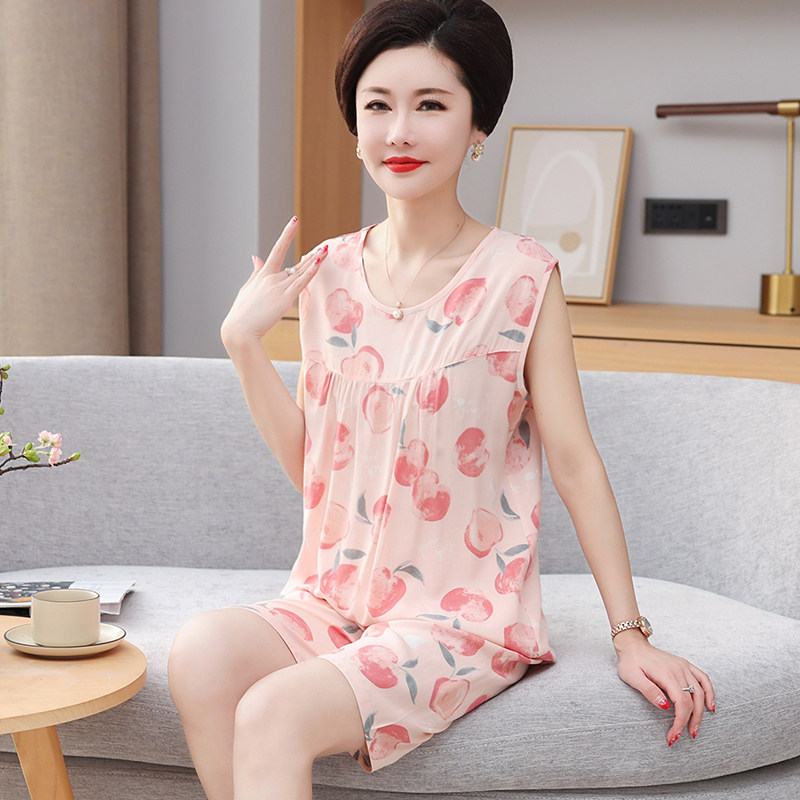 中老年人睡衣夏季棉绸女中年妈妈纯棉无袖背心家居服套装薄款大码