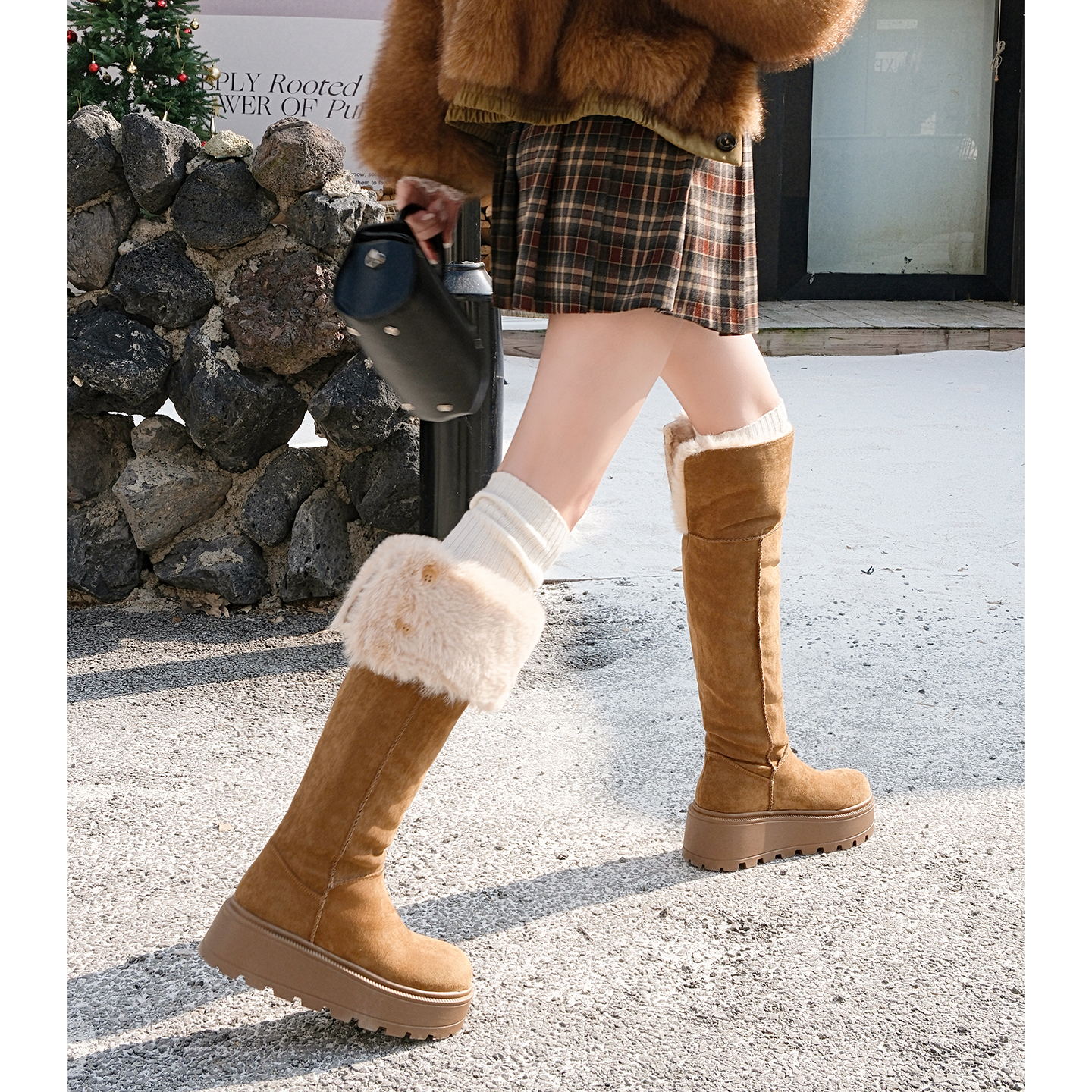 厚底高跟羊羔毛绒短筒雪地靴女