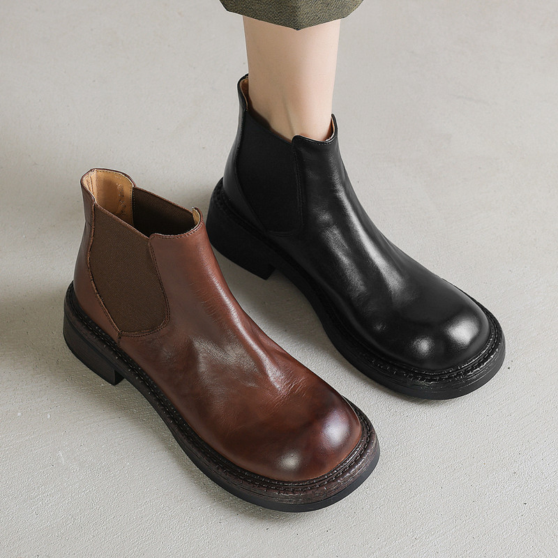高级感水洗真皮圆头及踝裸靴女