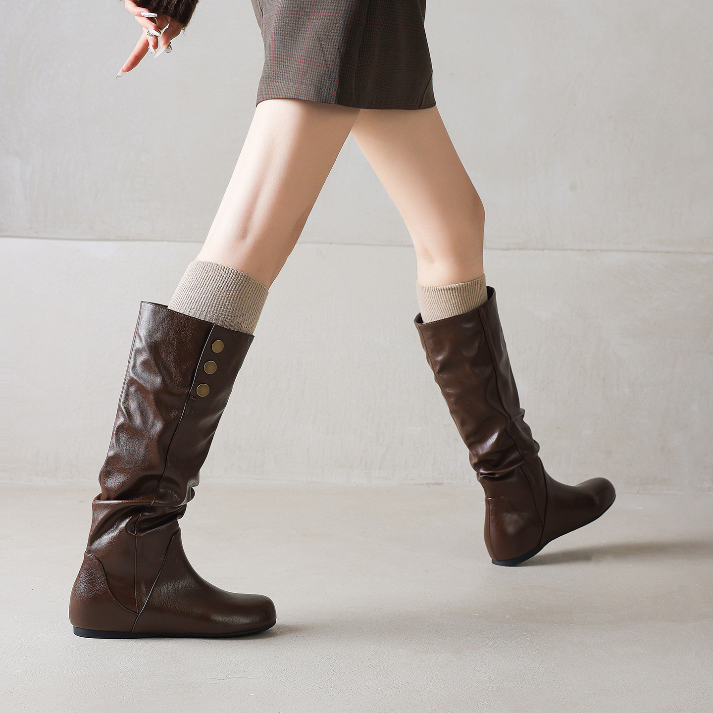骑士靴金属扣内增高显瘦长筒靴子