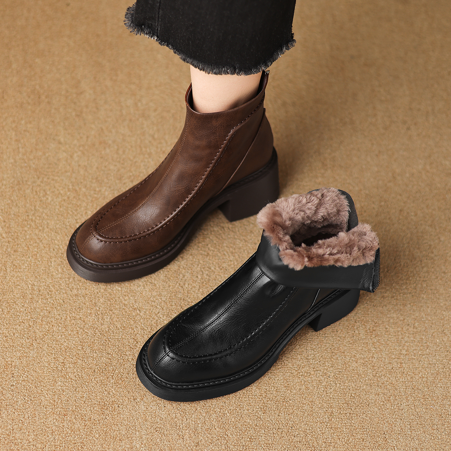 手工真皮冬季显瘦雪地靴女后拉链