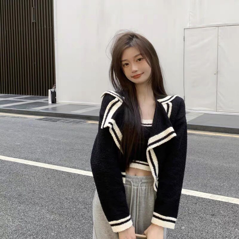 气质黑色两件套毛衣开衫外套秋冬小吊带上衣时尚小香风针织套装女