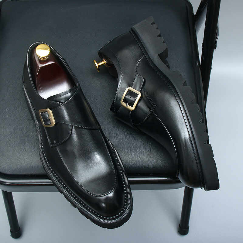 尖头皮鞋男真皮搭扣厚底增高发型师潮流男士鞋英伦风商务正装皮鞋,流行男鞋,正装皮鞋,淘宝优惠券,粉丝福利购,淘宝优惠卷