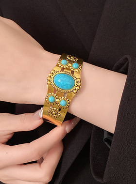 欧美风复古宫廷绿松石手镯女个性夸张时尚手环2026新款