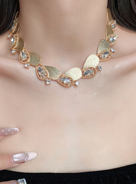 复古奢华银杏叶子镶钻项链新娘婚纱晚礼服宴会配饰