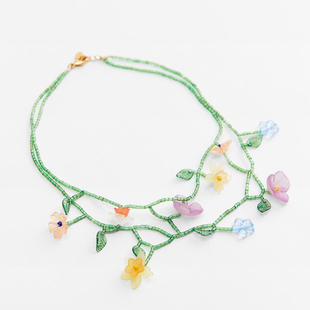 满39包邮zara手工新款女装串珠花朵形装饰项链不对称花花耳环配饰