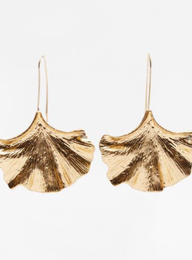 满39包邮合金镀金复古金黄色银杏叶子长耳钩耳环个性耳饰新款