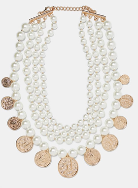 满39包邮小香奶奶风复古钱币欧美夸张4层叠戴大牌珍珠项链