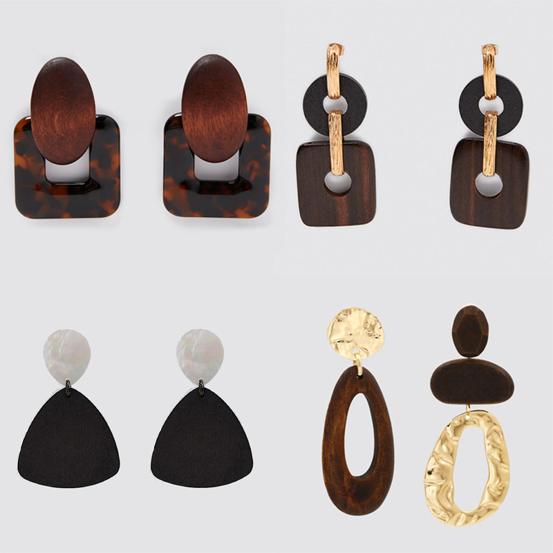 满39包邮zara木质耳钉亚克力树脂几何复古木头耳环耳饰品耳夹配饰