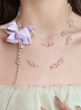 雪纺布花朵吊坠项链百搭小清新小众锁骨链时尚氛围感小众配饰