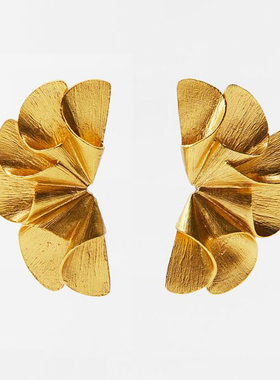满39包邮za18k金黄色褶皱花朵造型扇形树叶耳钉欧美夸张耳坠耳夹