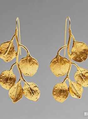 满39包邮za18k金黄色树叶耳环欧美夸张冷淡风叶子耳饰女耳夹