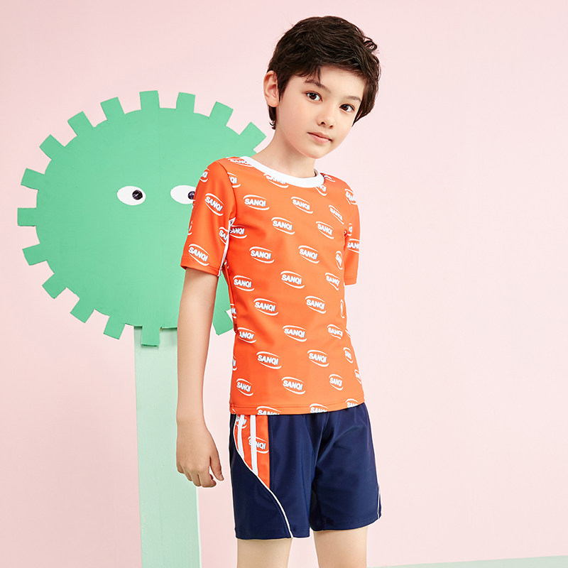 儿童分体泳衣男小中大童专业训练运动水上冲浪温泉撞色字母游泳装