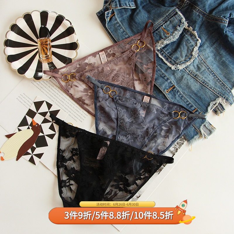 3性感蕾丝内裤女低腰纯棉裆透气薄火辣细带镂空轻奢网纱少女三角裤