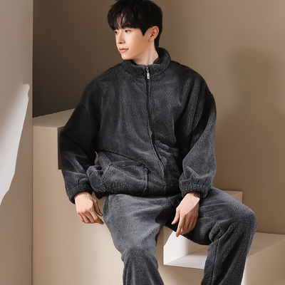 法兰绒套头睡衣男士秋冬新款加绒加厚珊瑚绒大码保暖家居服套装