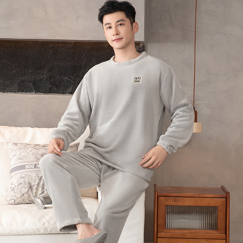 男士睡衣秋冬季法兰绒套头家居服