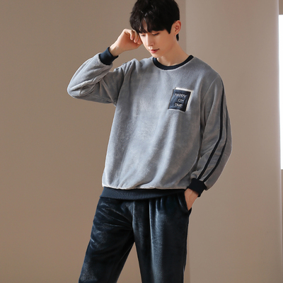 男士法兰绒加绒加厚套头家居服