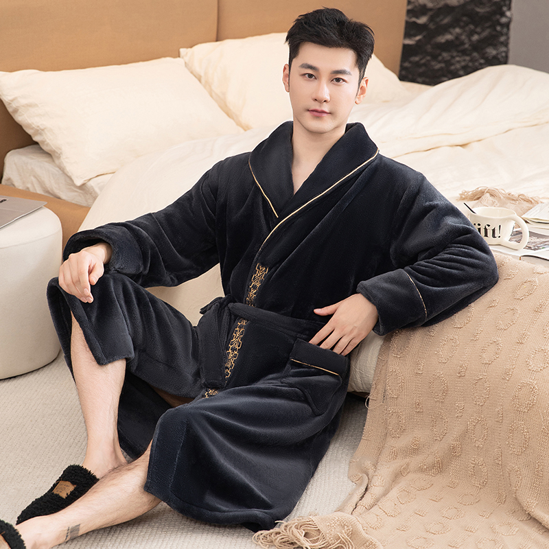 男款浴袍秋冬季法兰绒刺绣睡袍