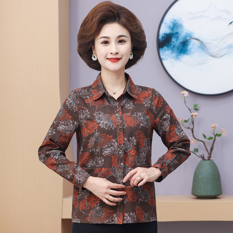 妈妈纯棉衬衫长袖2026春秋中老年女装韩版宽松花色单排扣上衣外套