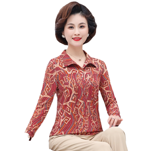 中老年女装婆婆薄款T恤2026春夏小个子妈妈套头修身花色长袖上衣