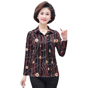 小个子妈妈款衬衫春秋季新品中老年女装修身单排扣花色上衣口袋