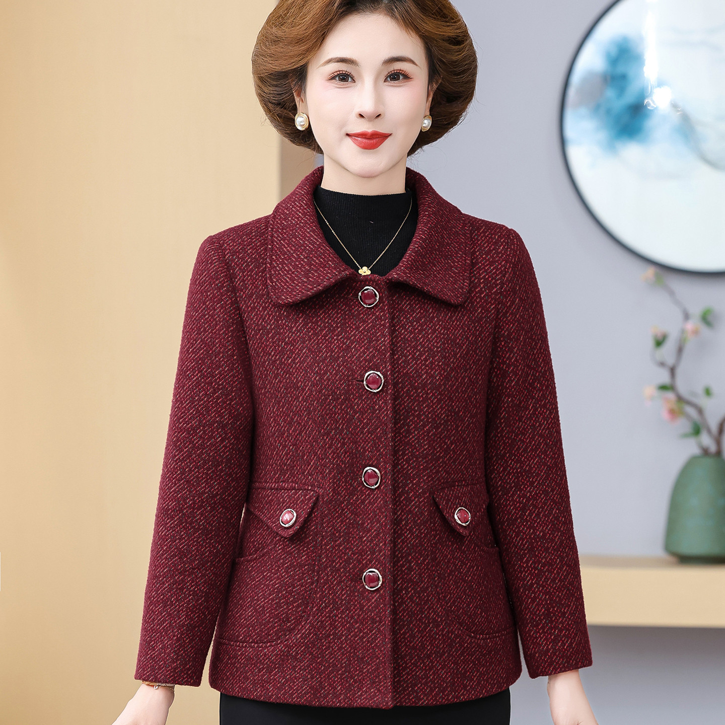 中老年妈妈款呢子外套2026秋冬季新品小个子婆婆女装修身奶奶上衣