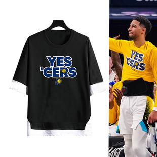 步行者2025季后赛哈里伯顿出场篮球运动印花假两件纯棉宽松五分袖