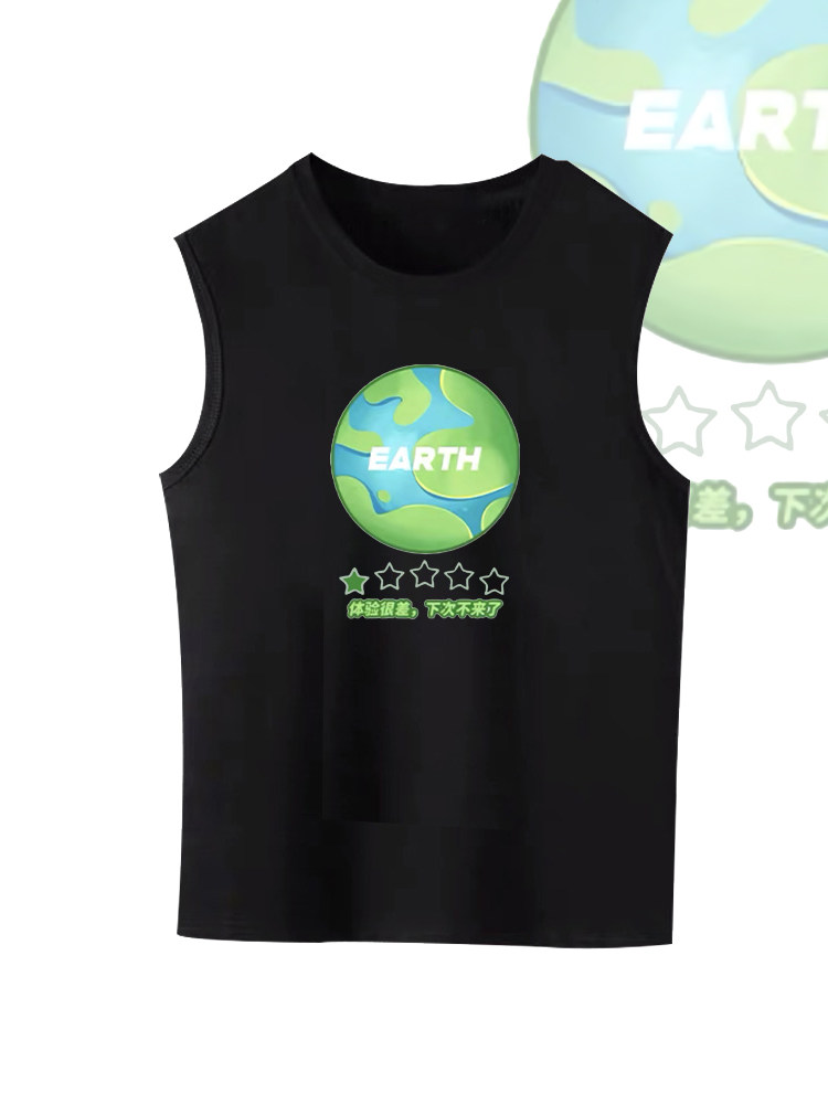 下次不来地球了趣味宽肩背心男女纯棉夏季宽松黑白无袖t恤上衣服