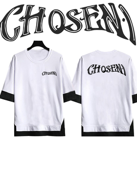 美式篮球詹姆斯Chosen1天选之子印花假两件男女宽松运动五分袖T夏