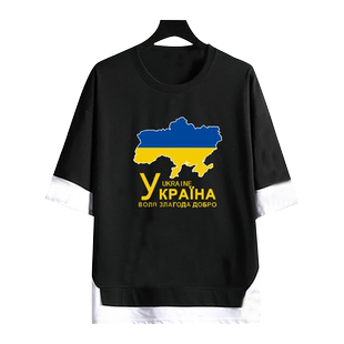 乌克兰Ukraine国家地图标志国家队假两件t恤衫男女纯棉拼接短袖夏