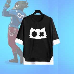 荒野乱斗黑鸦游戏联名周边同款co印花五分袖男女纯棉宽松假两件T