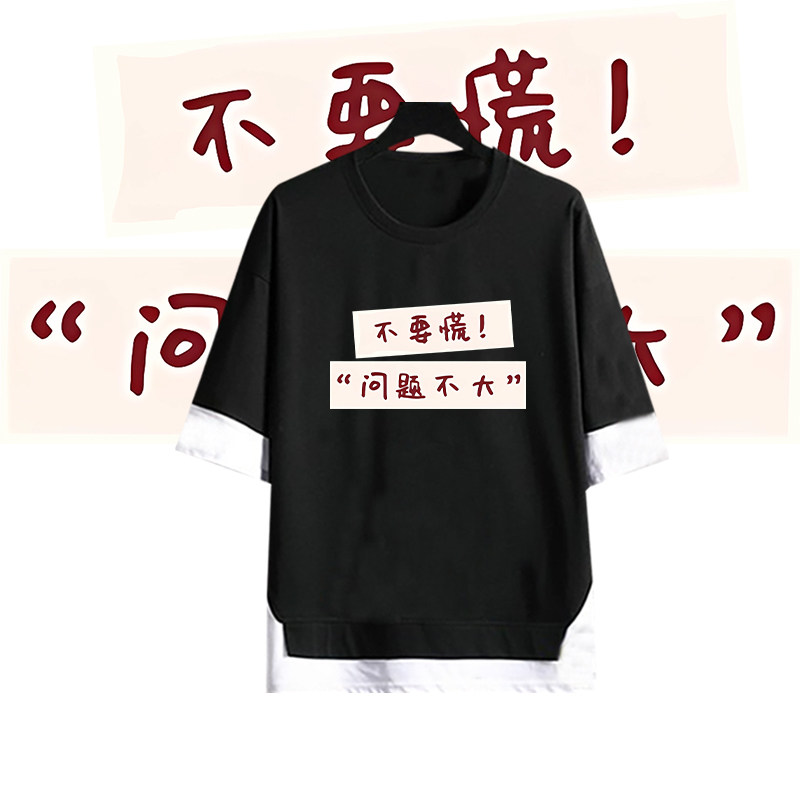 国潮搞笑个性文字不要慌印花假两件男女宽松纯棉圆领五分袖上衣服