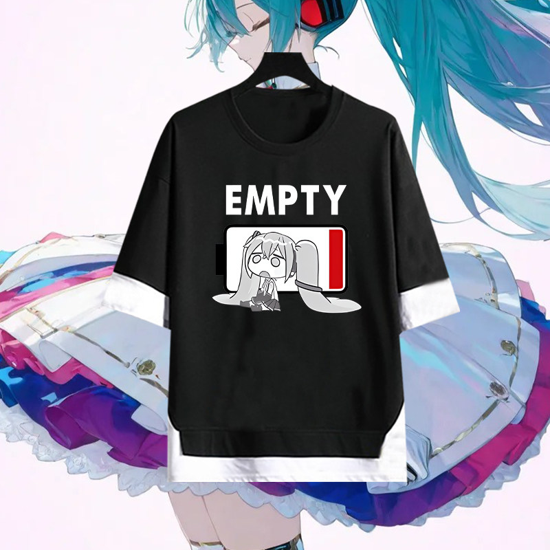 初音联名未来短袖假两件电量耗尽创意男女纯棉半袖二次元痛衣青年