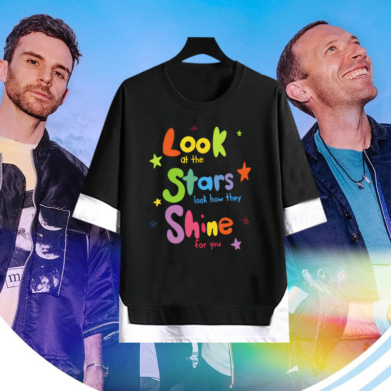 ColdPlay酷玩乐队Yellow摇滚演唱会周边印花假两件男女宽松五分袖