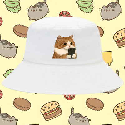 猫咪图案可爱猫猫创意简约卡通印花渔夫帽男女纯棉遮阳户外盆帽子