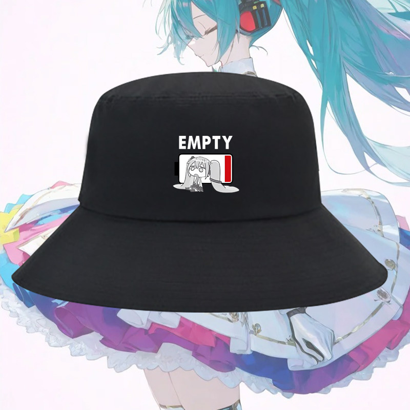 动漫初音联名未来电量耗尽创意印花渔夫帽男女纯棉遮阳出游盆帽子