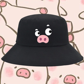 卡通小猪趣味表情图案印花渔夫帽男女纯棉遮阳运动休闲户外盆帽子