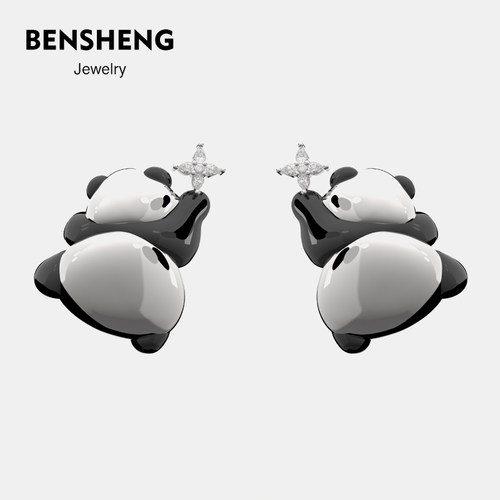 BENSHENG熊猫摘星星耳钉新中式