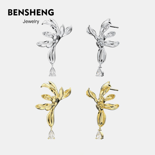 BENSHENG睡莲耳钉女小众轻奢