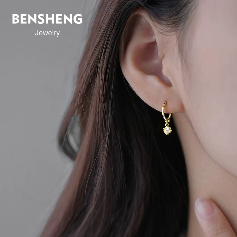 BENSHENG通体925纯银立方耳环女