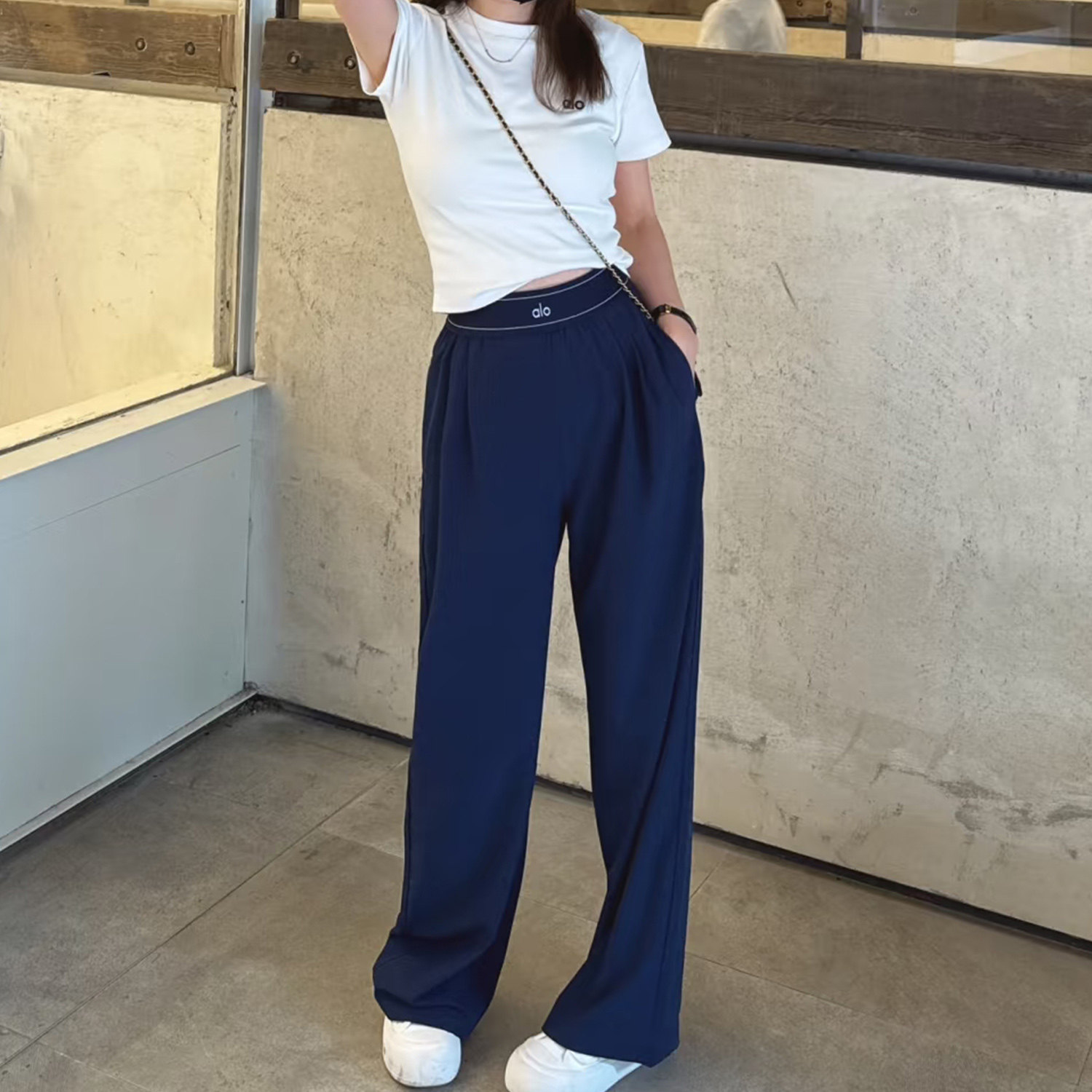 aIo 瑜伽高腰显瘦直筒阔腿裤休闲垂感弹力腰带宽松女运动显腿长裤