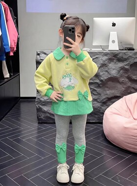 女童春装卡通蝴蝶结套装2026春季新款儿童拼接上衣修身休闲裤潮