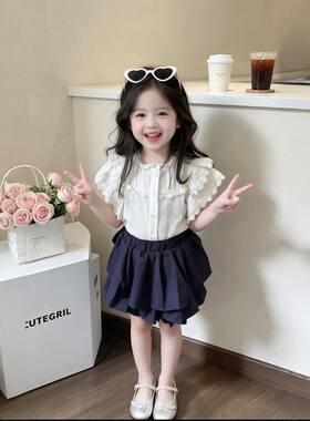 女童套装2026夏季新款儿童飞飞袖蕾丝边白色衬衫女宝宝时髦花苞裙