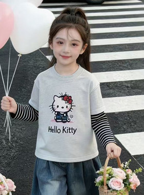 女童卡通长袖T恤春秋2026新款儿童韩版假两件上衣女孩打底衫洋气