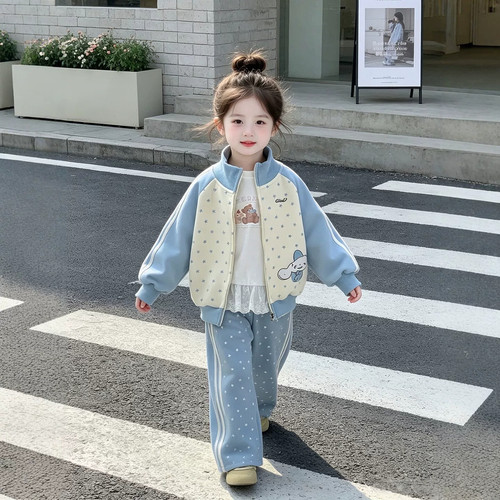 女童星星套装2026秋季新款儿童花边内搭立领外套时尚蓝色休闲裤